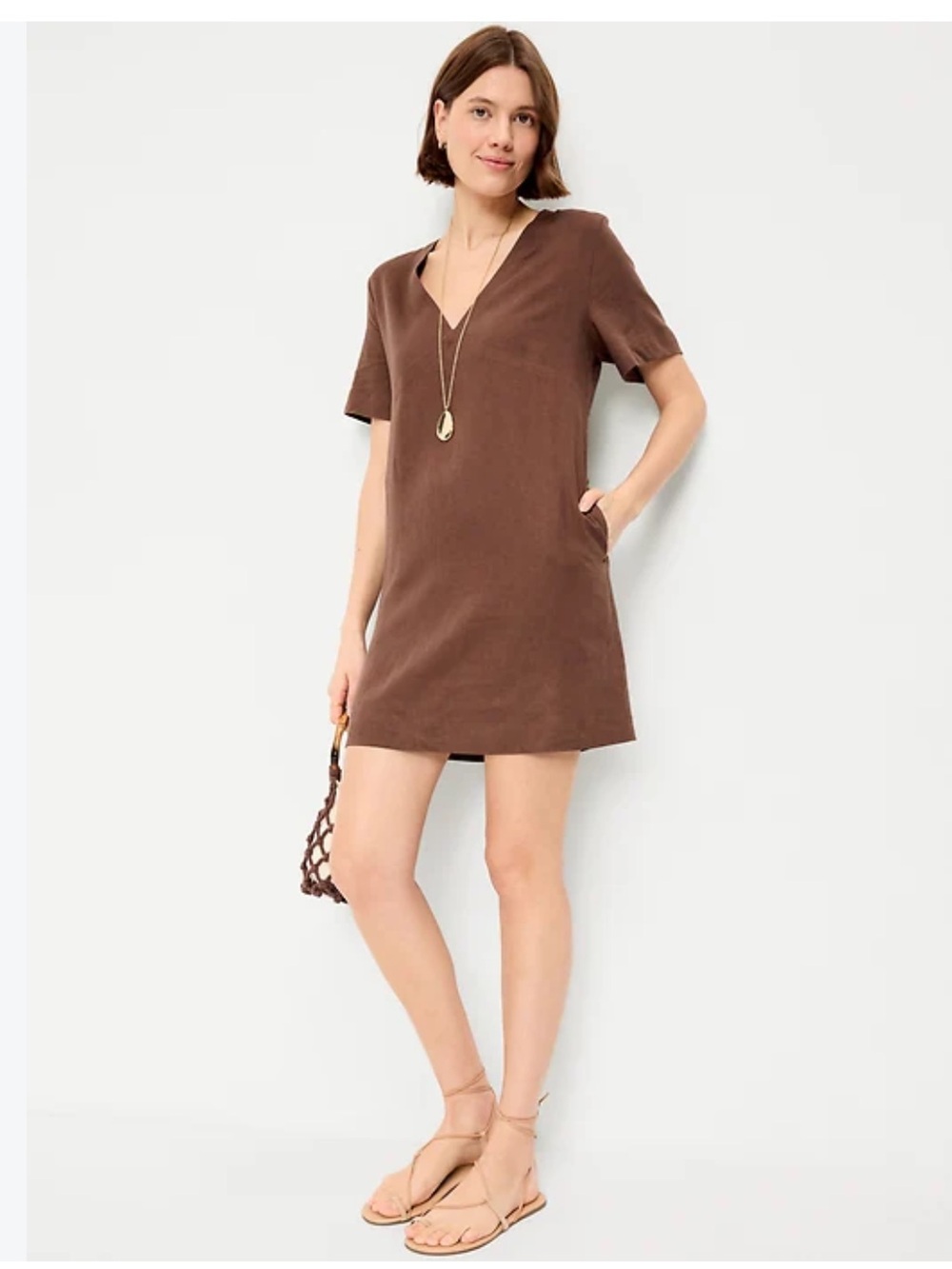 Old Navy Brown V-Neck Short Sleeve Shift Linen Mini Dress